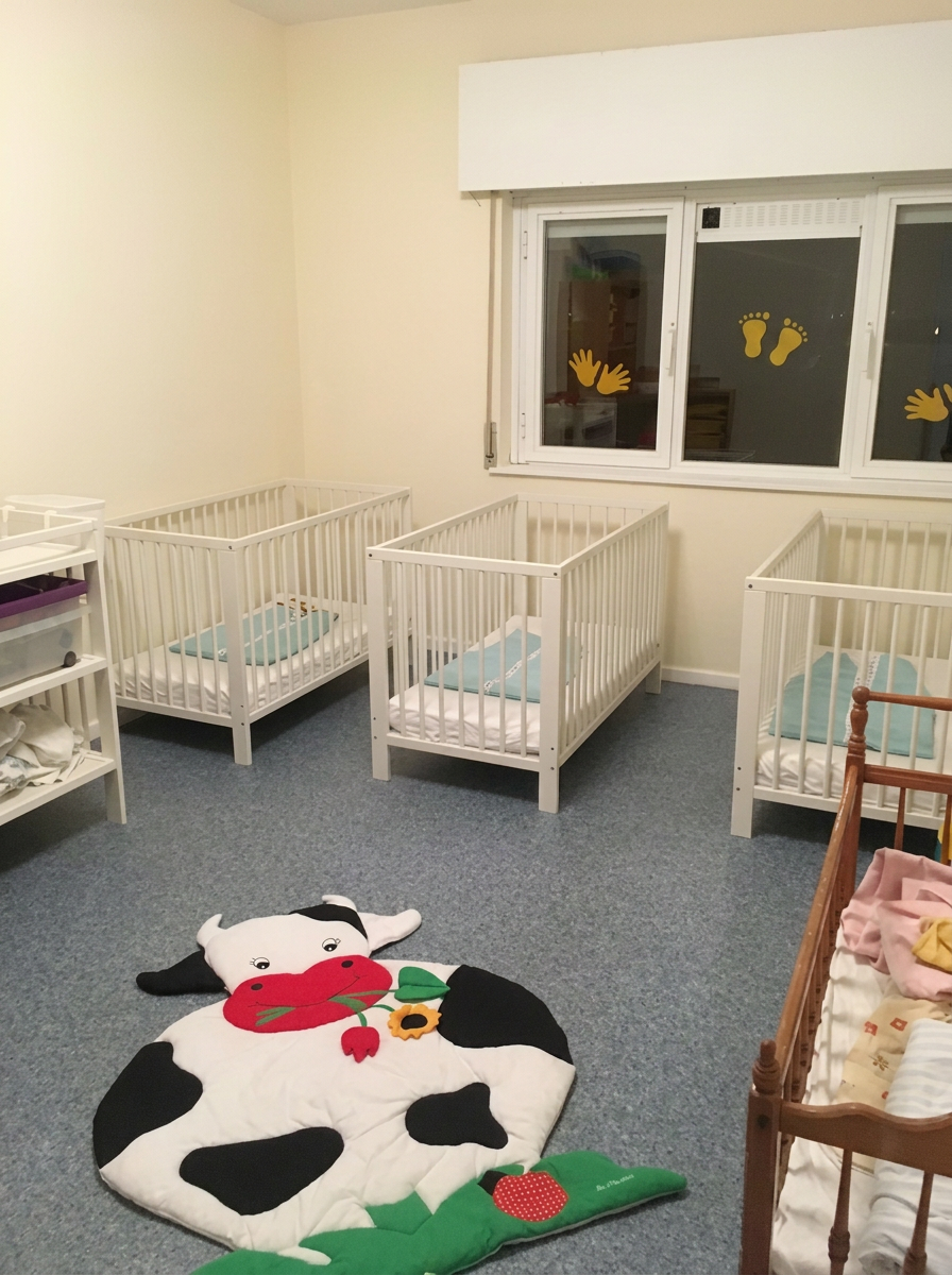 Babykamer met bedjes en koeienmat