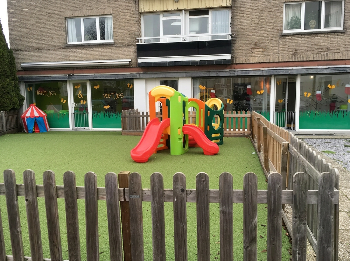 Buitenspeeltuin met glijbaan en kunstgras