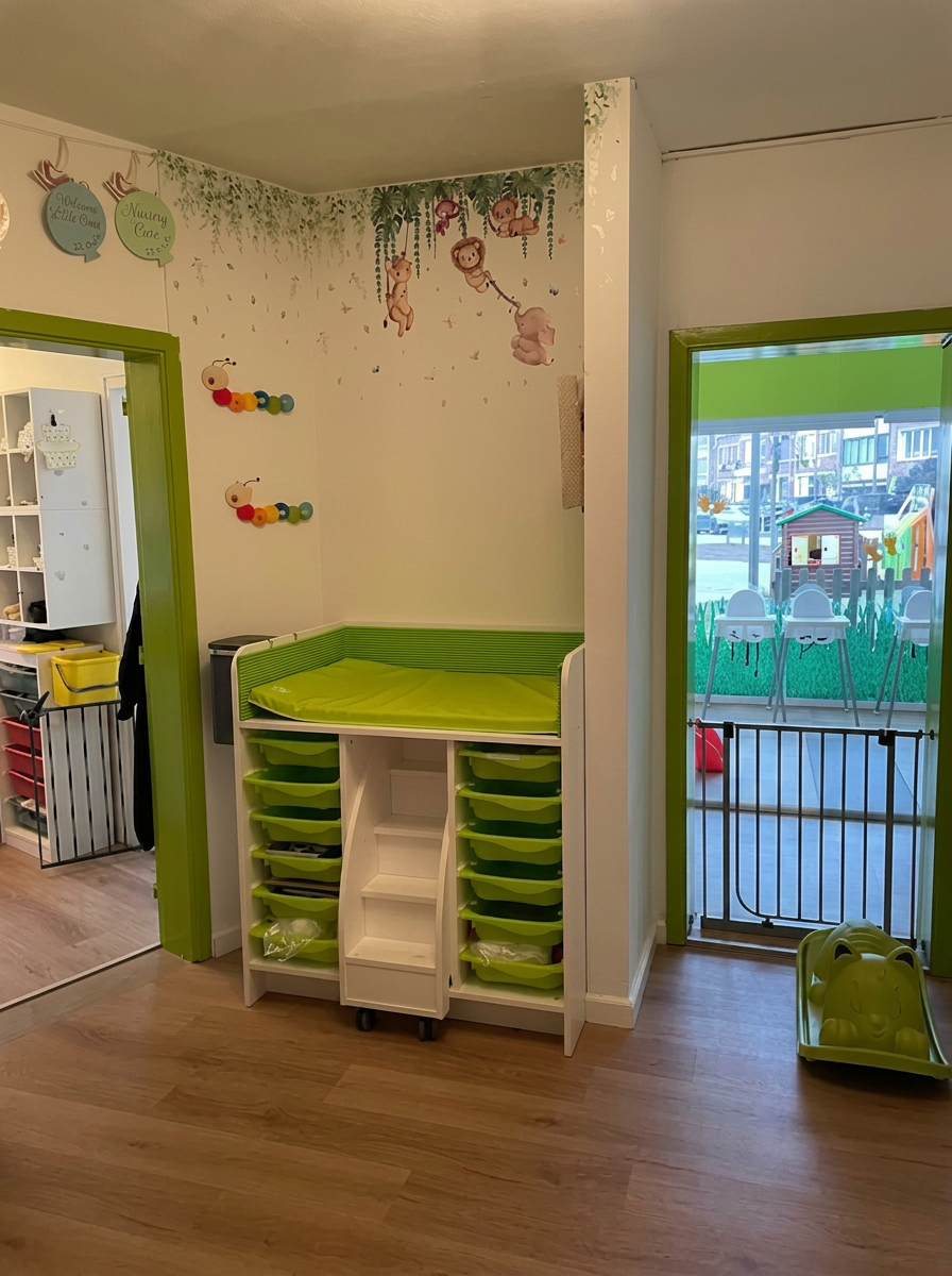 Verzorgingshoek met opbergvakken en speelse decoratie